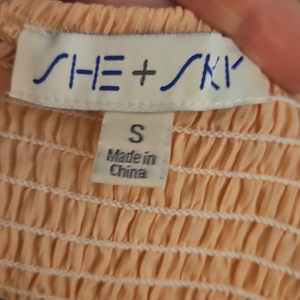 SHE & SKY Peach Off-Shoulder Ruched Peplum Ruffle Smocked Cropped Top - Picture 7 of 8